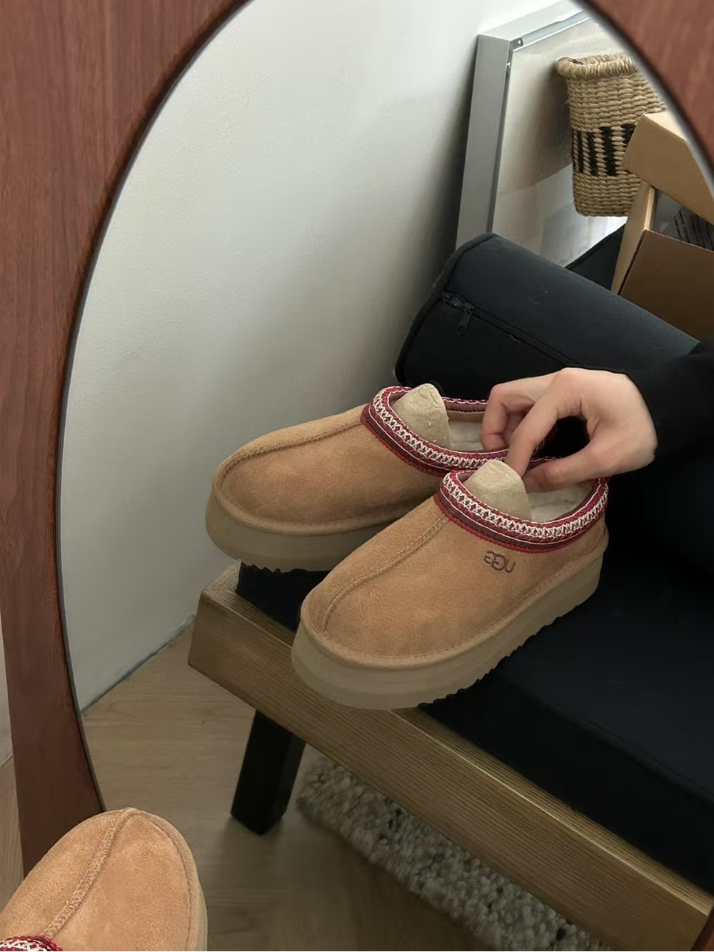 UGG Women's Chestnut Suede Platform Clog with Red Trim - Picture 2 of 3